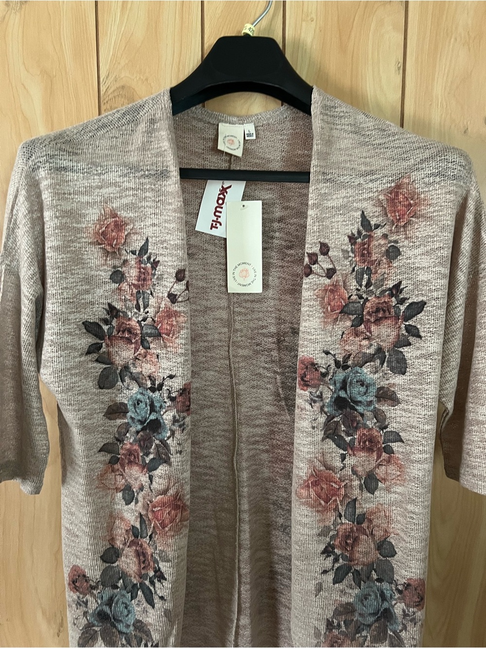 Live In The Moment Floral Knit Cardigan L NWT TJ Maxx Boho Open Front Pink Gray - Picture 8 of 8